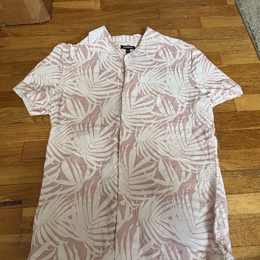Express Pink and White Casual Button Down Shirt with Tropical Print